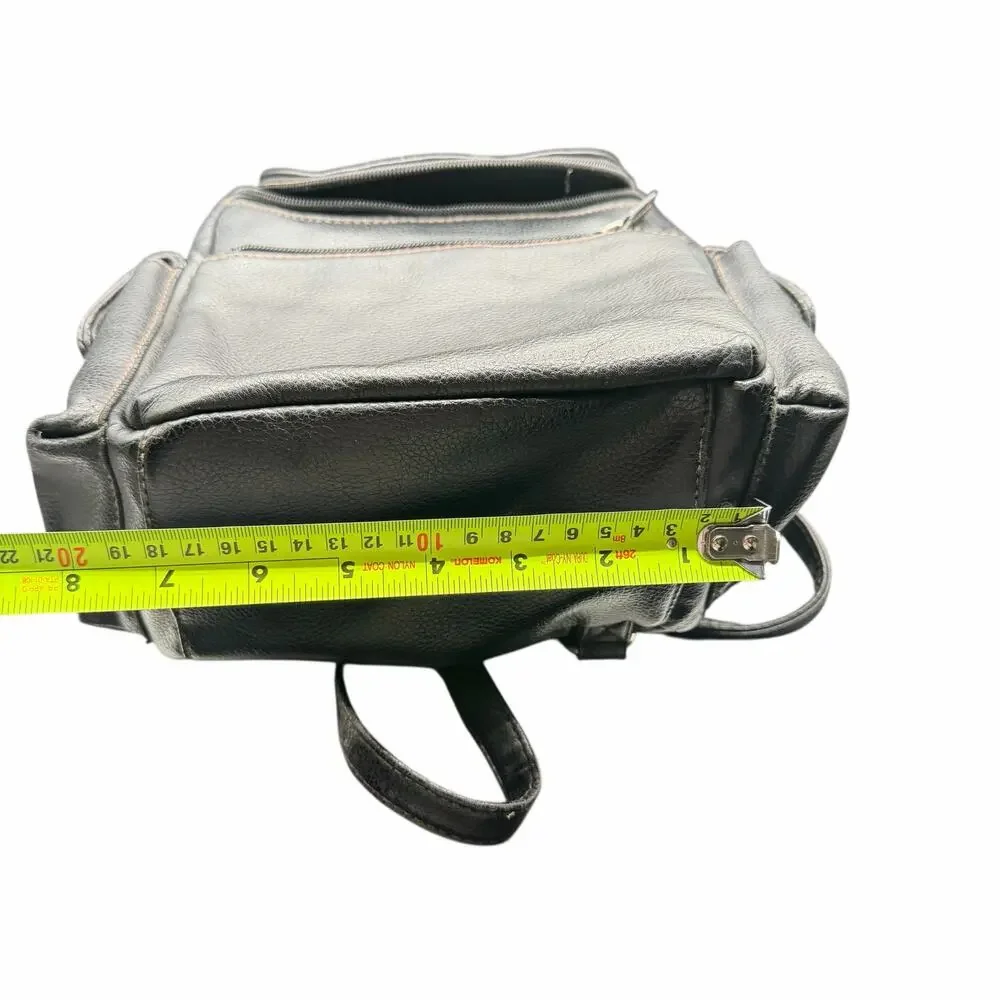 Vintage Black Leather Mini Backpack Small Daypack Zip Pockets